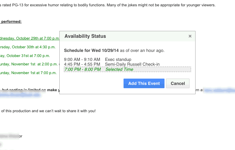 Boomerang Calendar lets me schedule stuff without leaving GMail (or Outlook)
