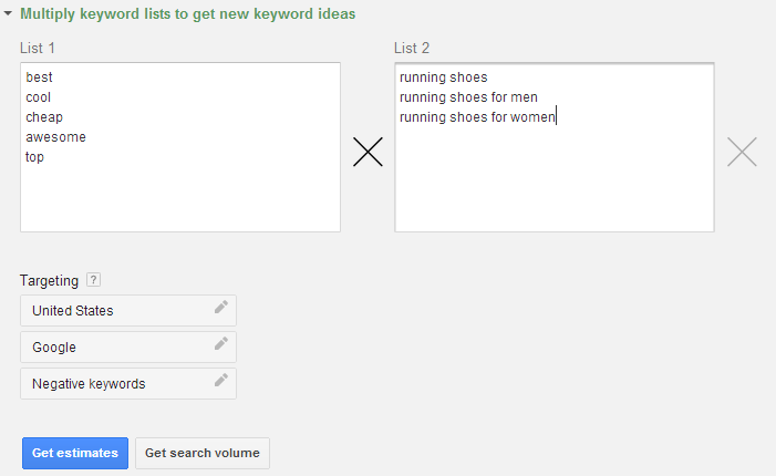 Build new keyword lists by multiplying other lists together